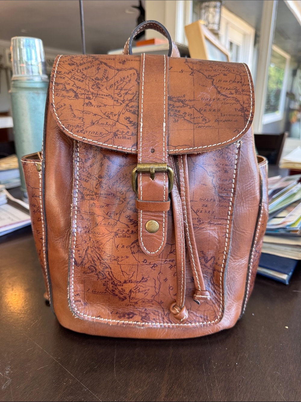 Patricia Nash Brown Map-Print Leather Backpack